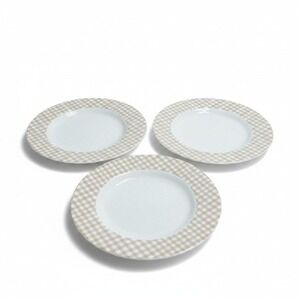 Set of 3 Nautica Pink Sands Tablewares Salad Plates Gingham Check Rim Tan 8.25"